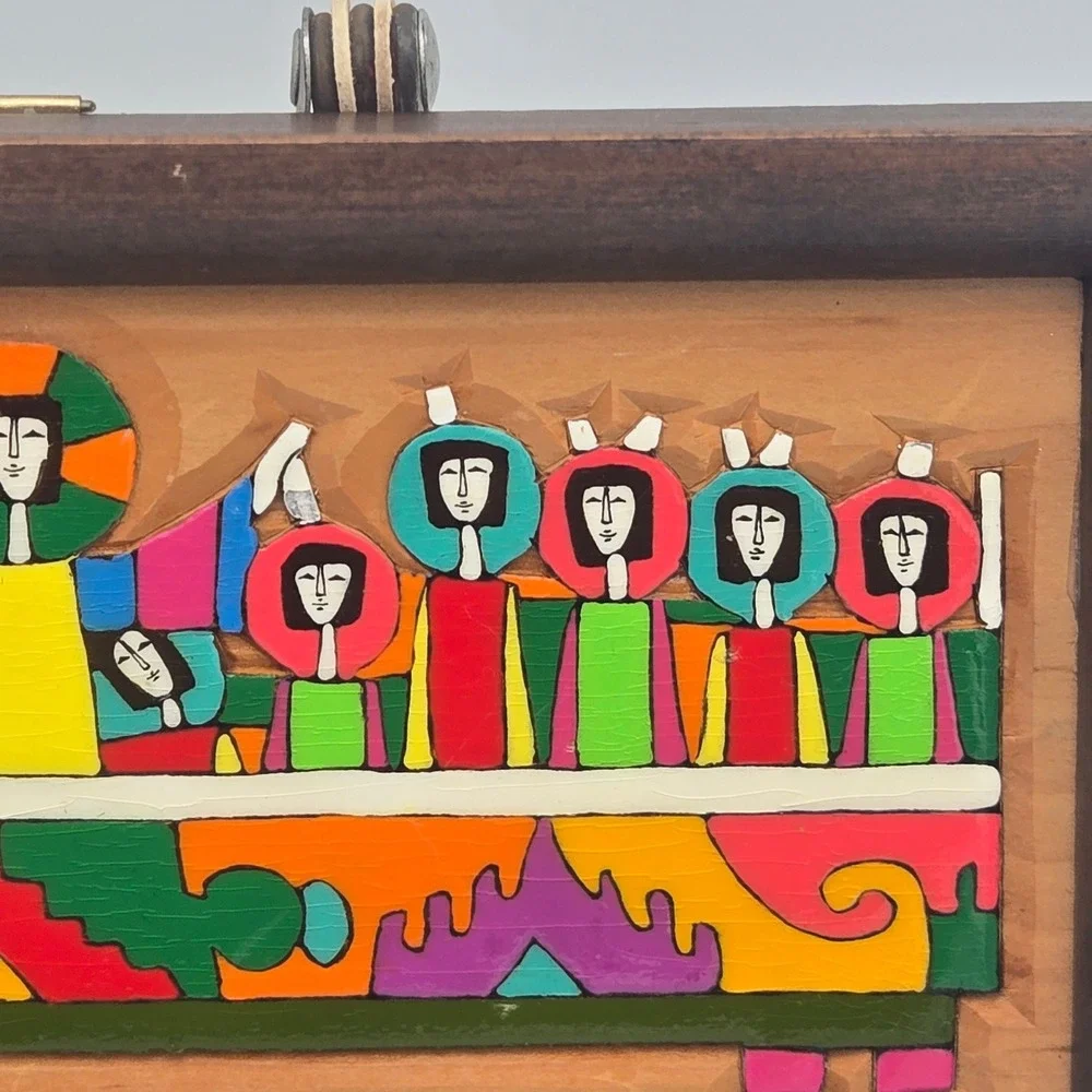 Latin American Folk Art Carved Wood The Last Supper Hand Painted Colorful MCM